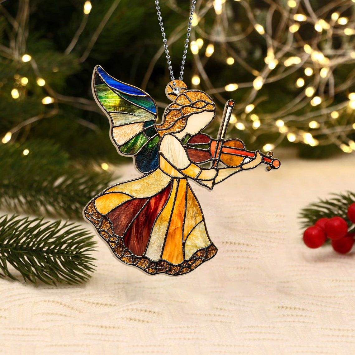 Pretty Angel with Violin Christmas Suncatcher, Angel with Violin Hanging Ornament Home Decor