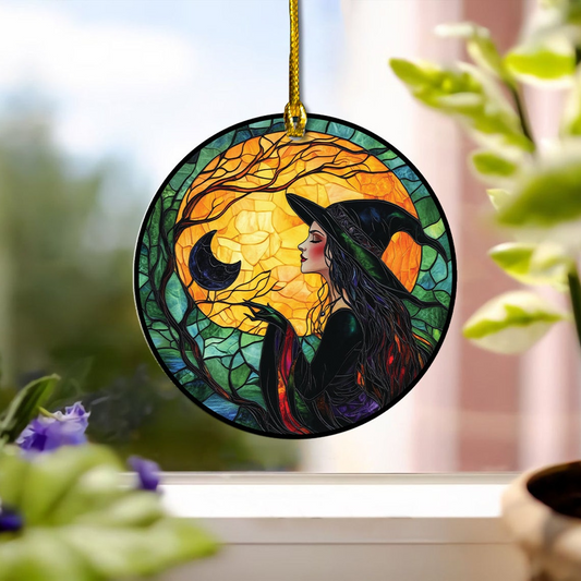 Witch and Moon Halloween Suncatcher, Halloween Witch Pretty Suncatcher Ornament