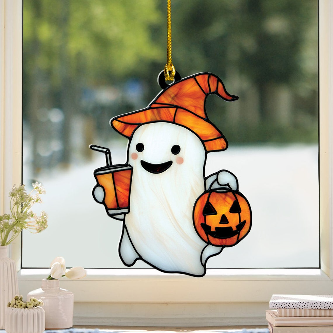 Cute Ghost with Drink Halloween Suncatcher, Cute Ghost Window Hanging Ornament