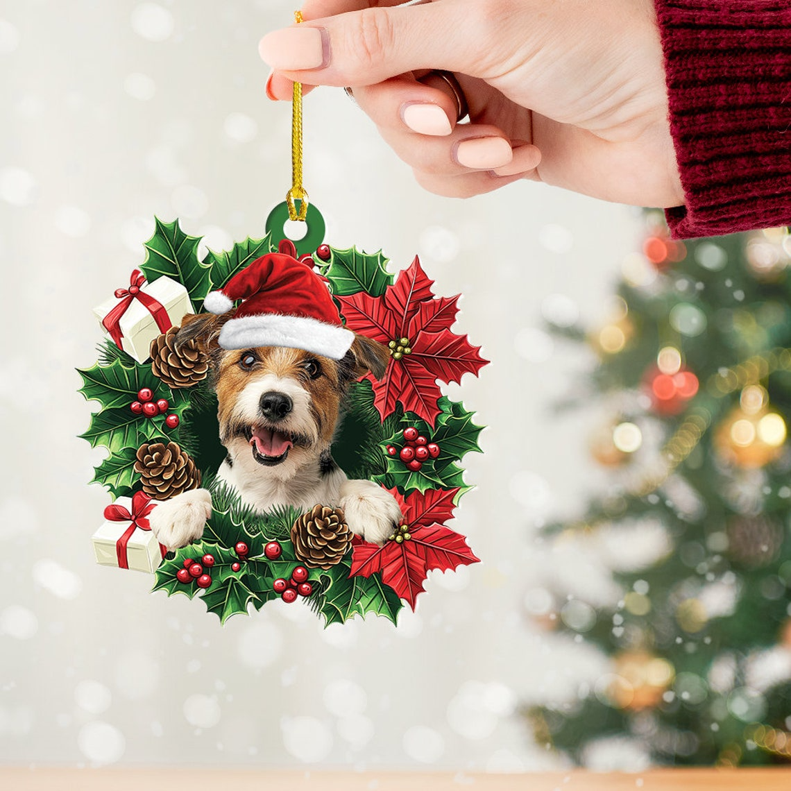 Parson Russell Dog Christmas Wreath Ornament, Cute Parson Russell Dog Car Ornament Gift