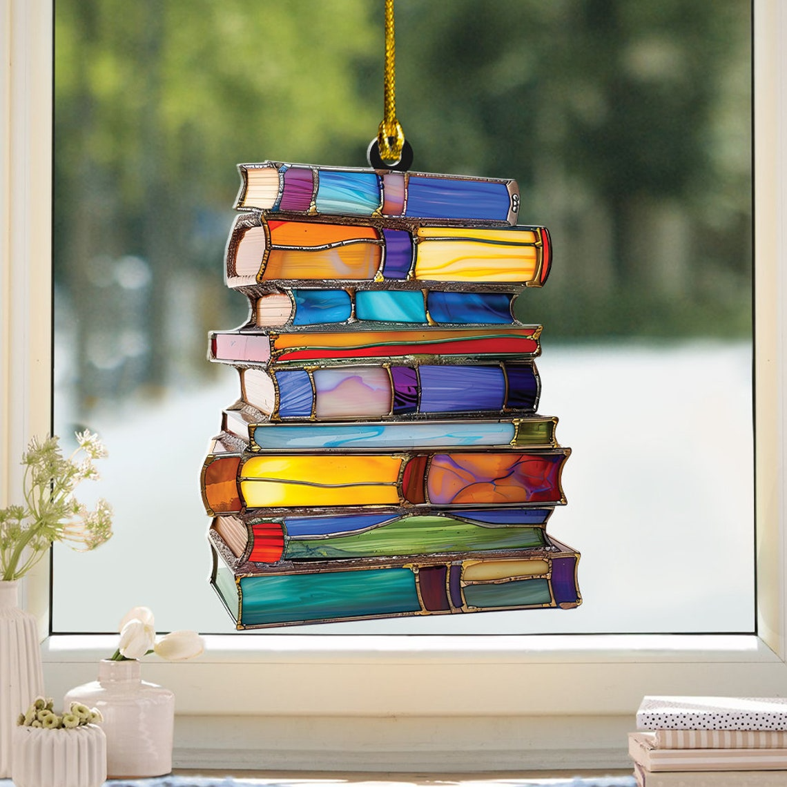 Bookstack Suncatcher Ornament, Bookstore Hanging Window Ornament Decor