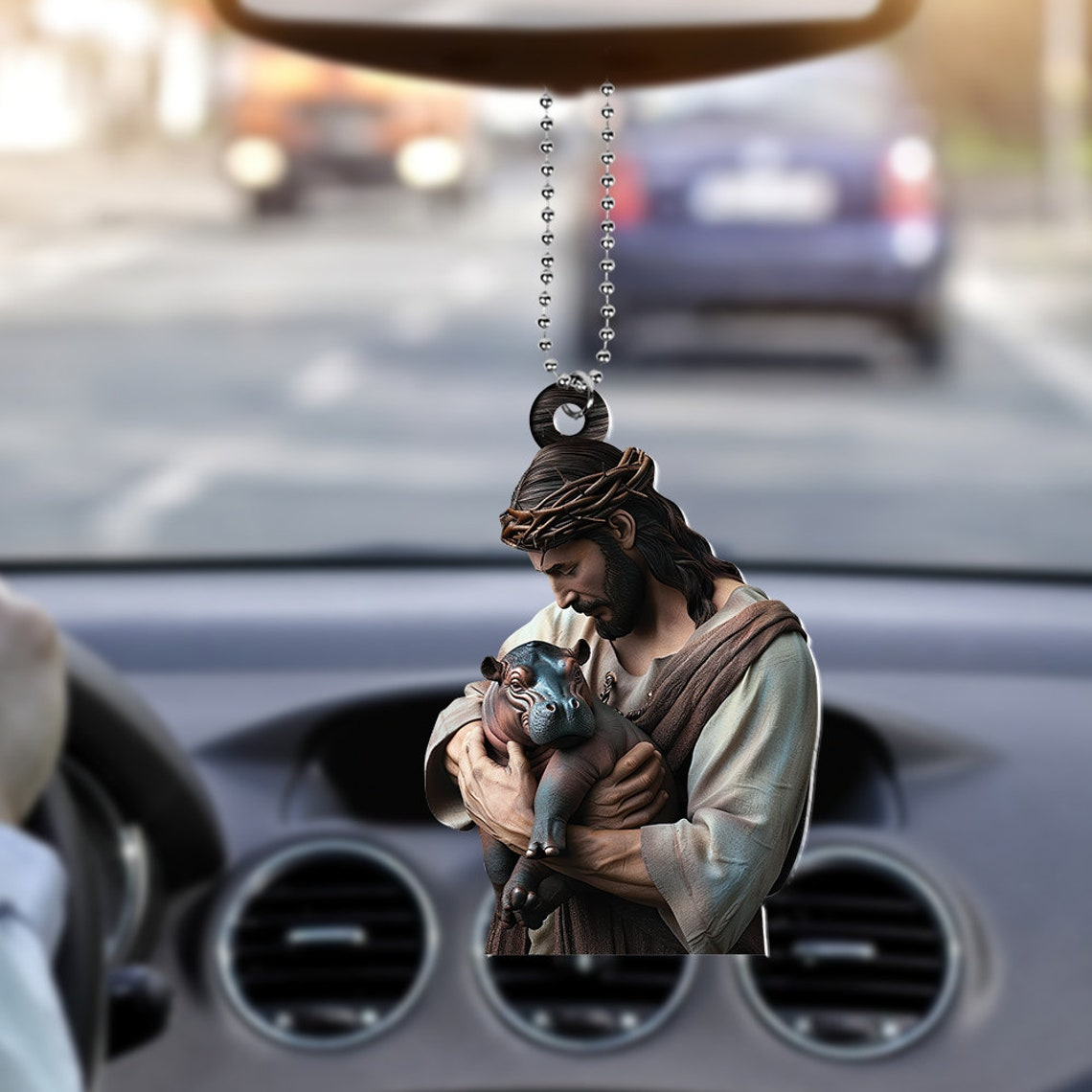 Jesus Loves Moo Deng Hanging Christmas Ornament, Cute Baby Hippo Moo Deng Car Christmas Ornament