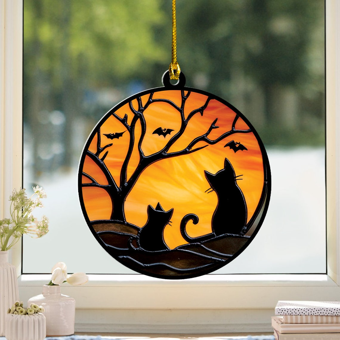 Two Cats on Halloween Suncatcher Ornament, Two Cats on Halloween Window Hanging Ornament Decor