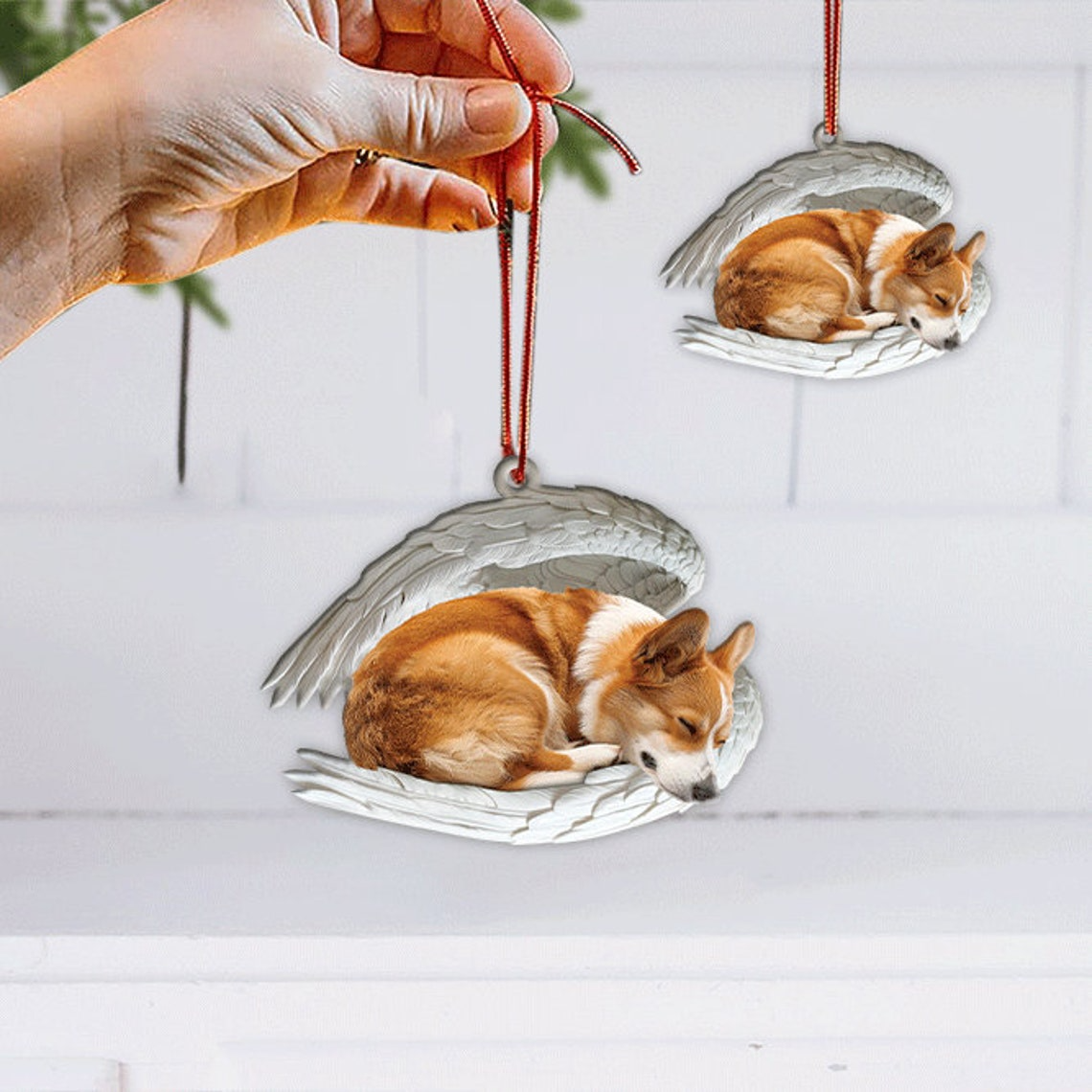 Cute Corgi Dog Hanging Car Christmas Ornament, Corgi Dog Sleeping Angel Ornament Decor Holiday Gift