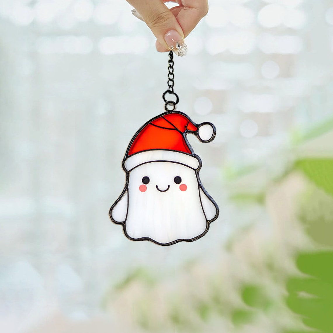 Cute Ghost Christmas Suncatcher, Cute Ghost with Hat Santa Window Hanging Decor