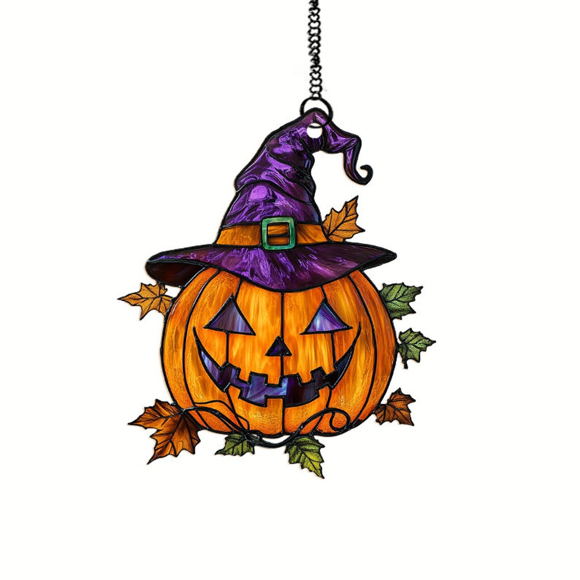 Pumpkin Wearing Witch's Hat Halloween Suncatcher, Pumpkin Window Hanging Decor