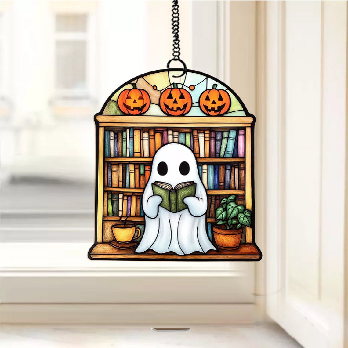 Ghost Reading Book And Pumpkin Suncatcher, Ghost And Books Ornament Decor