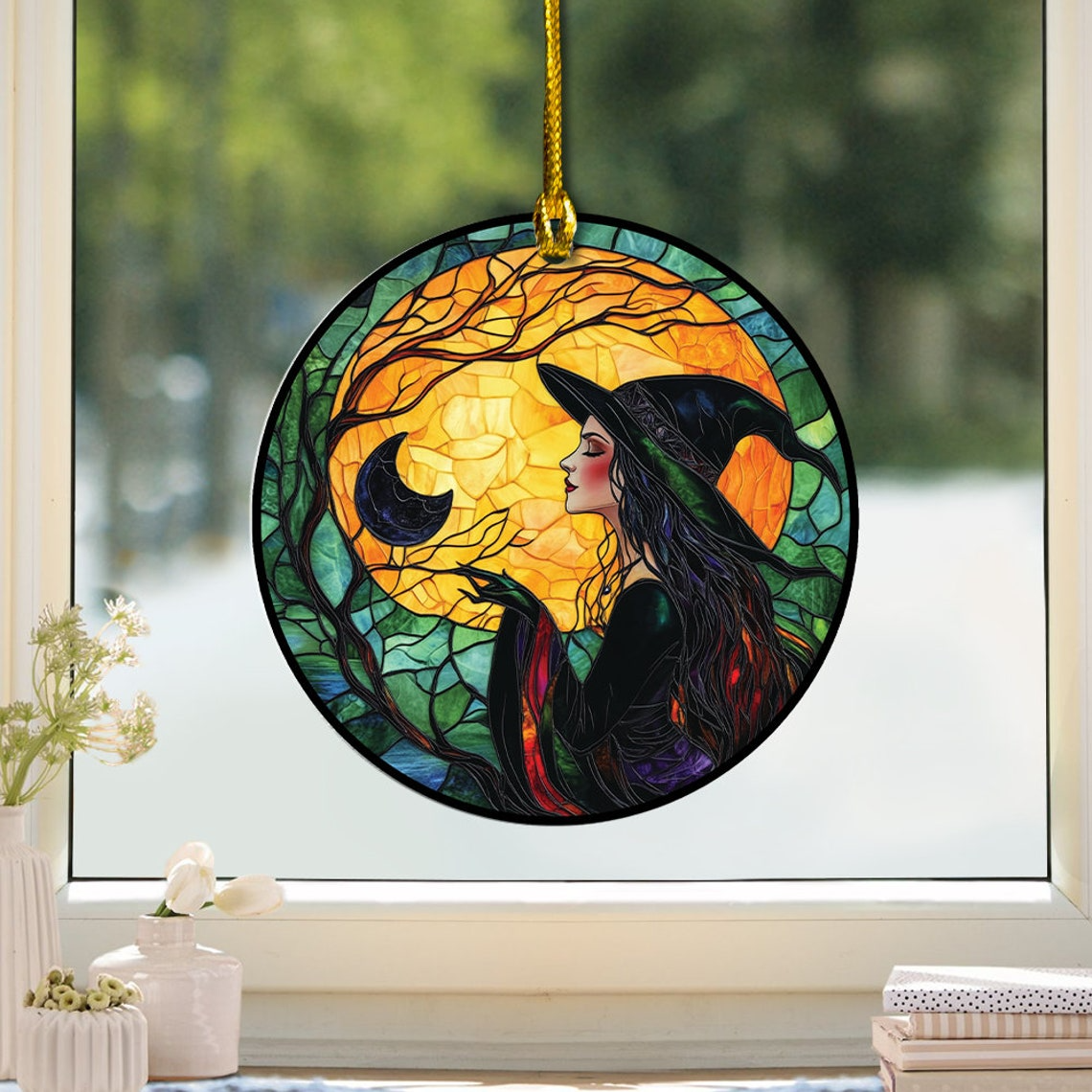 Witch and Moon Halloween Suncatcher, Halloween Witch Pretty Suncatcher Ornament