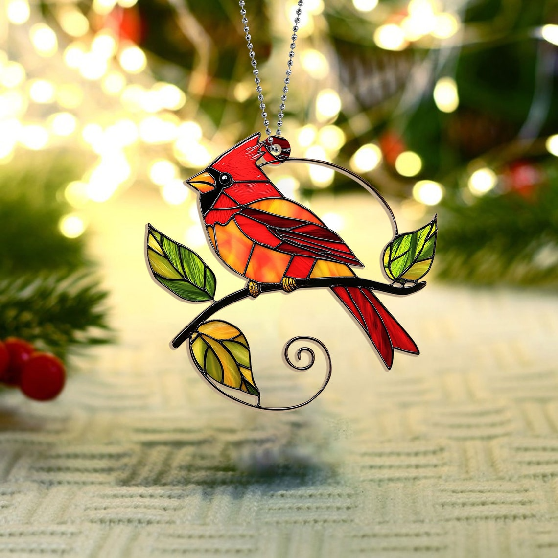 Cardinal Bird Hanging Suncatcher Ornament, Cardinal Christmas Window Ornament Decor