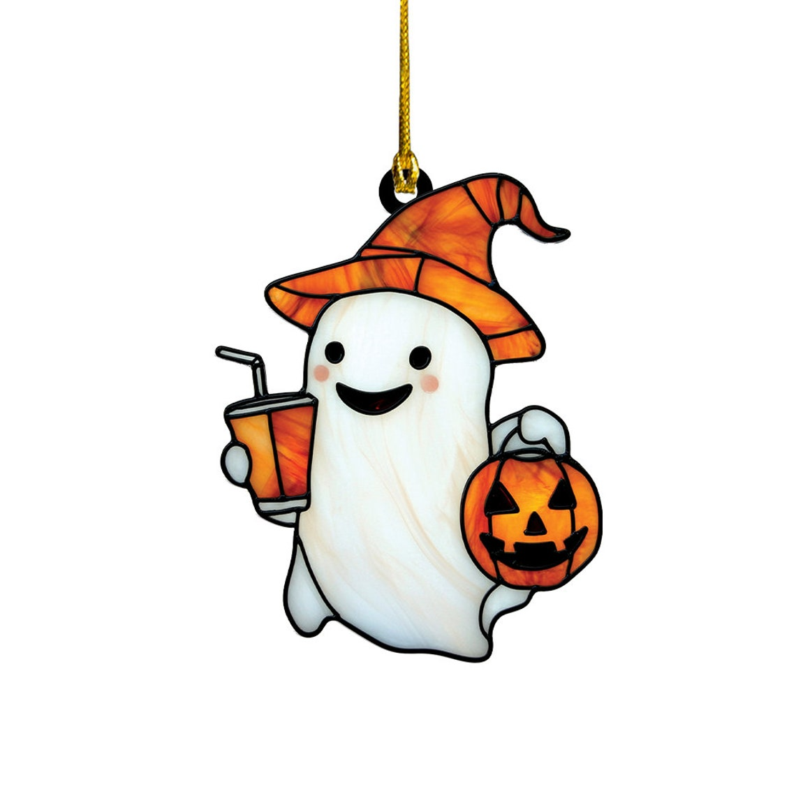 Cute Ghost with Drink Halloween Suncatcher, Cute Ghost Window Hanging Ornament