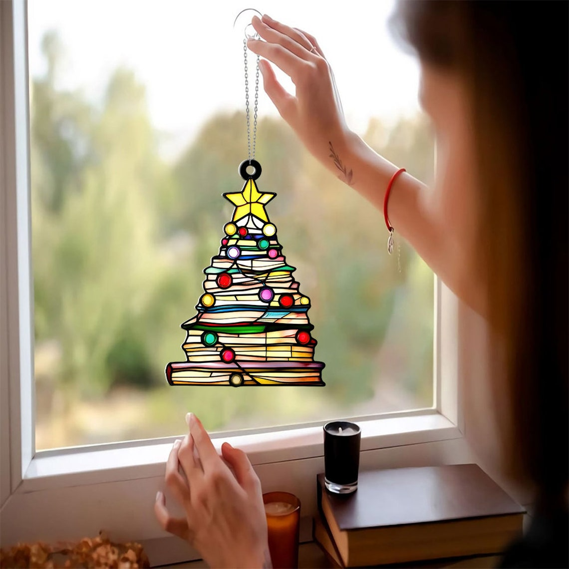 Books Tree Christmas Hanging Suncatcher,  Library Bookstore Ornament Decor Gift