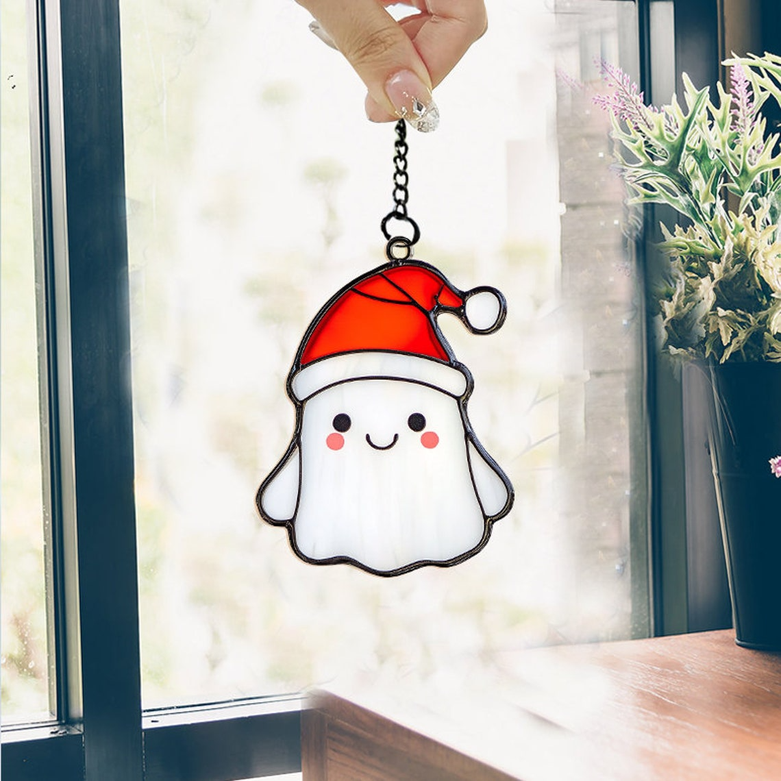 Cute Ghost Christmas Suncatcher, Cute Ghost with Hat Santa Window Hanging Decor