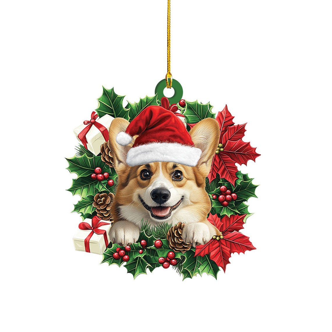 Corgi Dog Hanging Christmas Wreath Ornament, Corgi Dog Car Christmas Ornament Decor