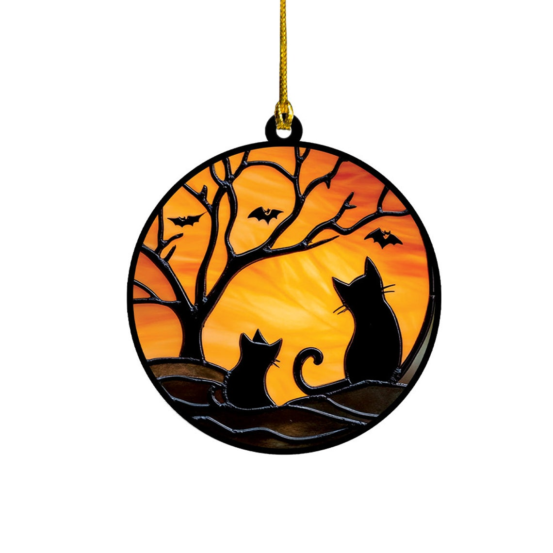 Two Cats on Halloween Suncatcher Ornament, Two Cats on Halloween Window Hanging Ornament Decor