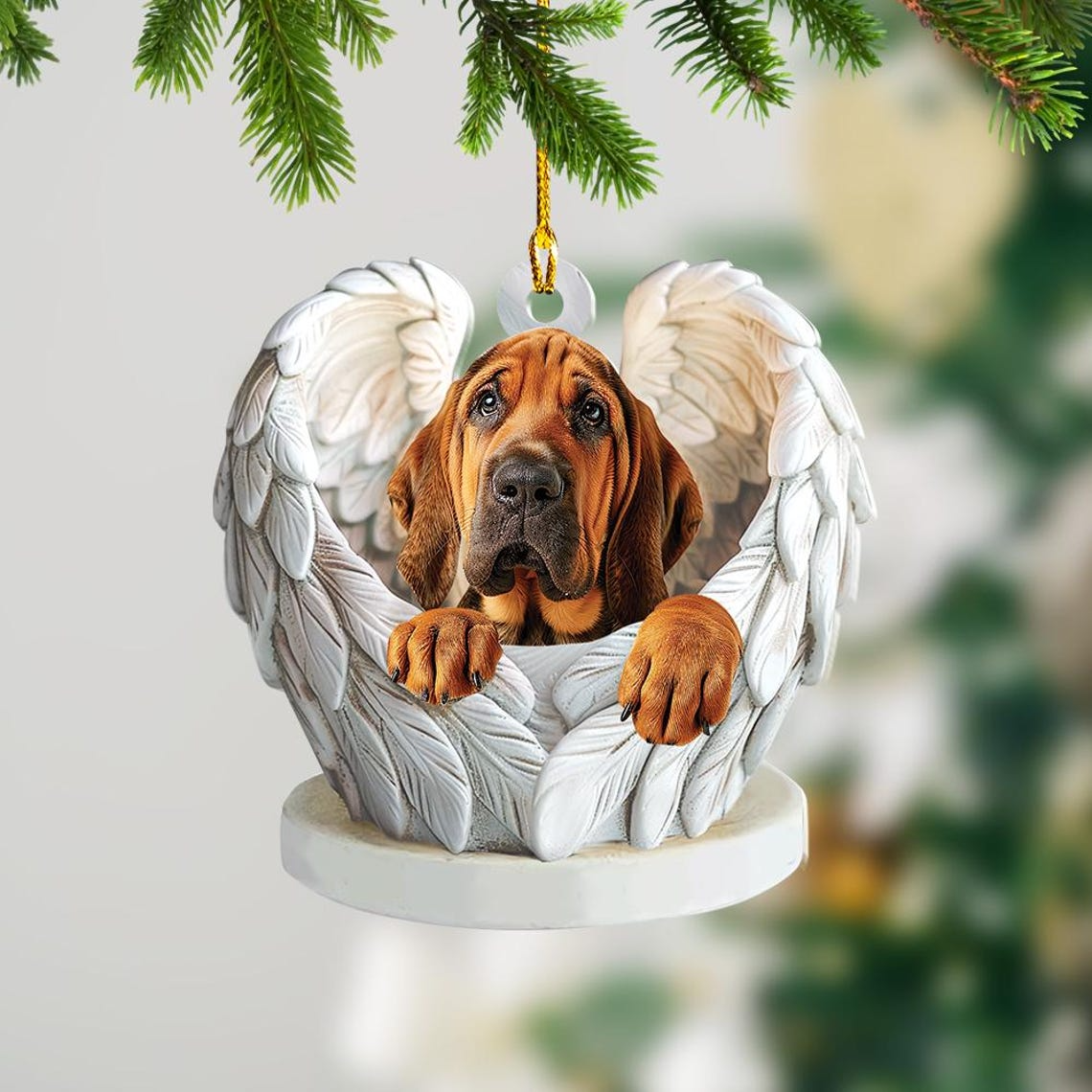 Christmas Bloodhound Dog Angel Wings Ornament Decor, Cute Bloodhound Dog Flat Christmas Ornament