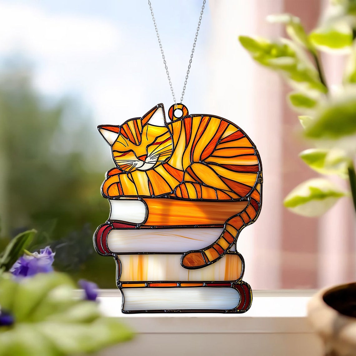 Cat Books Suncatcher Ornament, Cat Sleeping on Bookstack Suncatcher