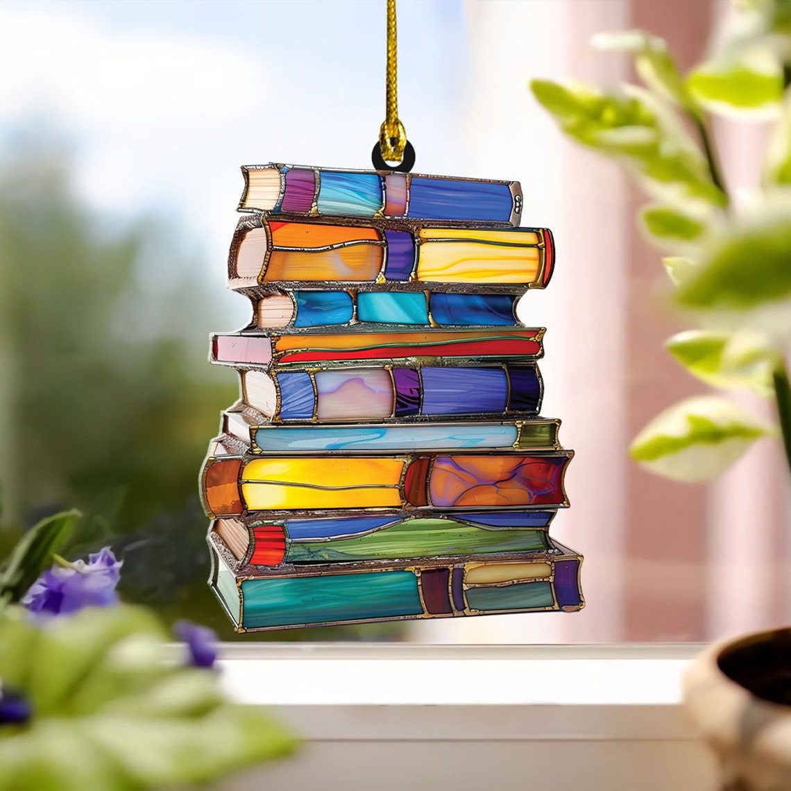 Bookstack Suncatcher Ornament, Bookstore Hanging Window Ornament Decor