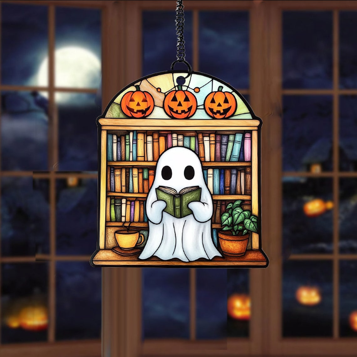 Ghost Reading Book And Pumpkin Suncatcher, Ghost And Books Ornament Decor