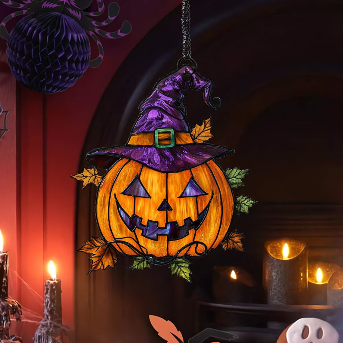 Pumpkin Wearing Witch's Hat Halloween Suncatcher, Pumpkin Window Hanging Decor