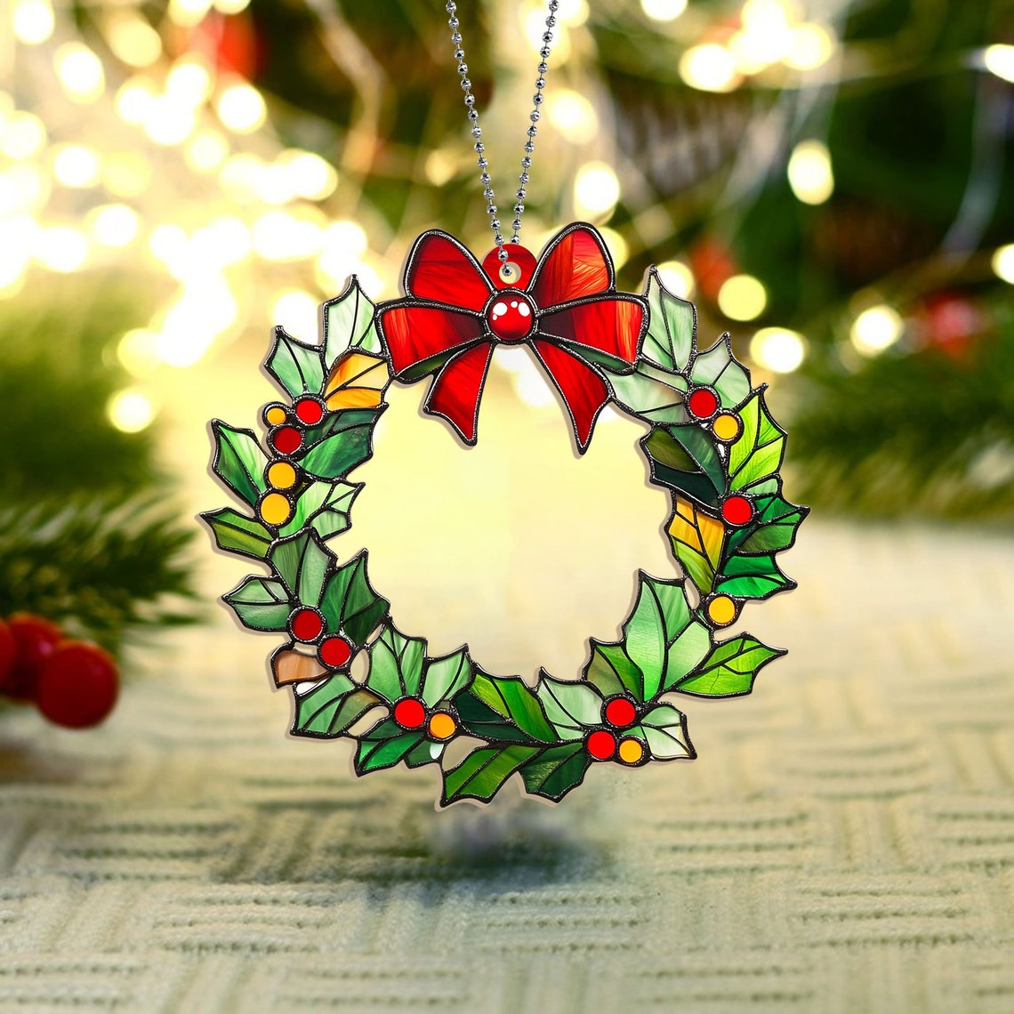 Christmas Wreath Suncatcher Ornament, Christmas Wreath Window Suncatcher Decor Gift