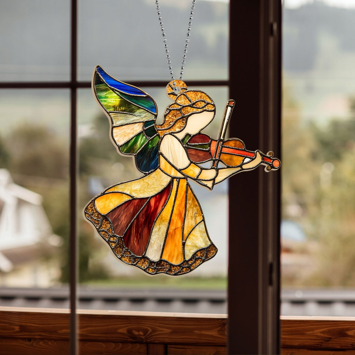 Pretty Angel with Violin Christmas Suncatcher, Angel with Violin Hanging Ornament Home Decor