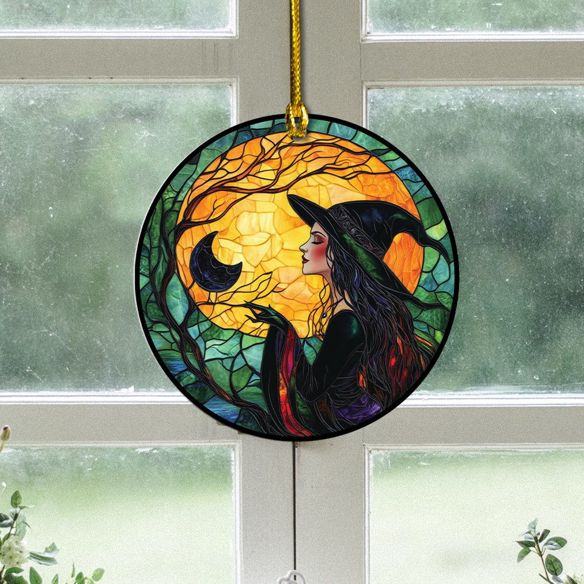 Witch and Moon Halloween Suncatcher, Halloween Witch Pretty Suncatcher Ornament