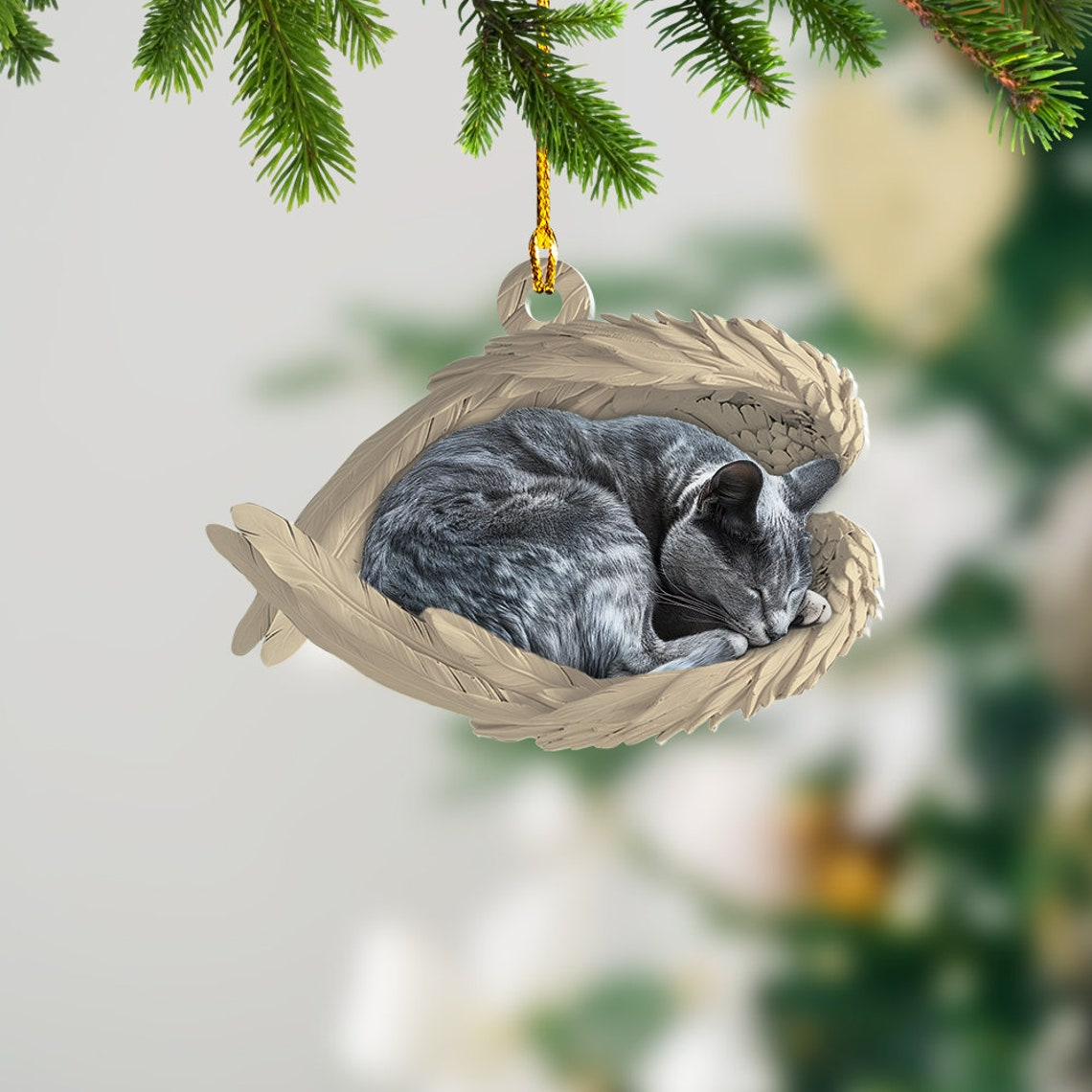 Russian Blue Cat Sleeping Angel Ornament, Christmas Blue Cat Angel Wings Ornament Decor Gift