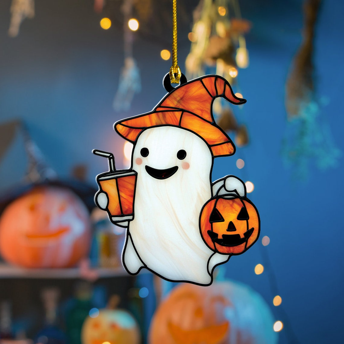 Cute Ghost with Drink Halloween Suncatcher, Cute Ghost Window Hanging Ornament