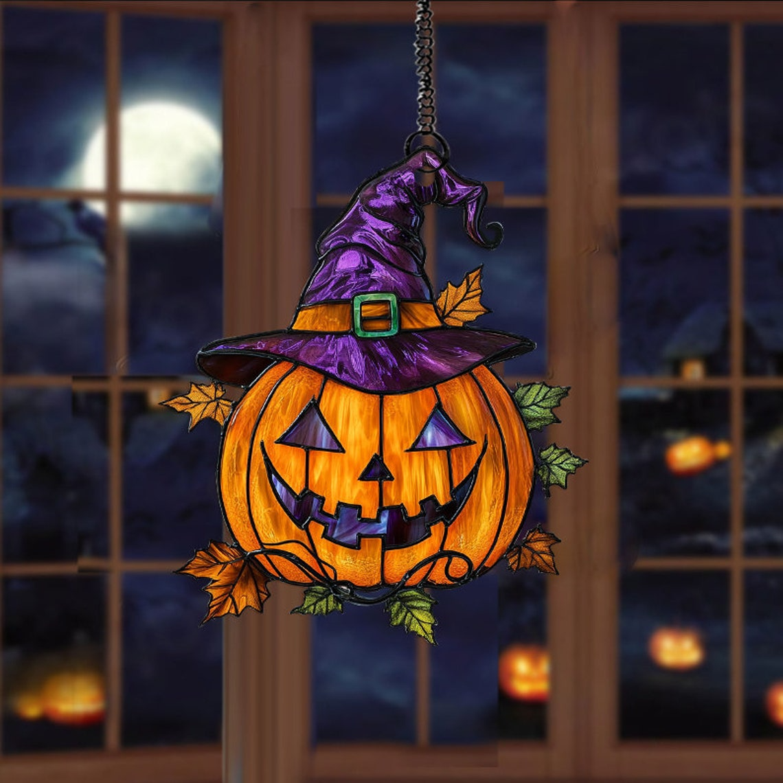 Pumpkin Wearing Witch's Hat Halloween Suncatcher, Pumpkin Window Hanging Decor