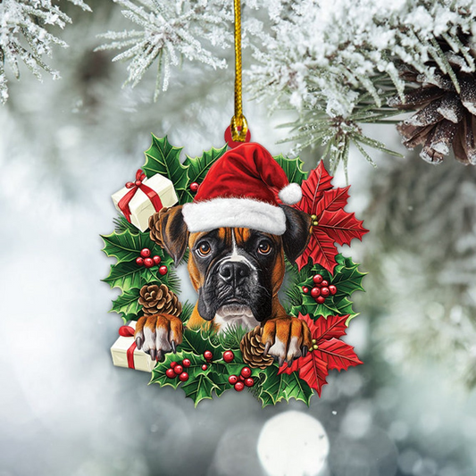 Boxer Dog Hanging Christmas Wreath Ornament, Boxer Dog Christmas Tree Ornament Decor Gift