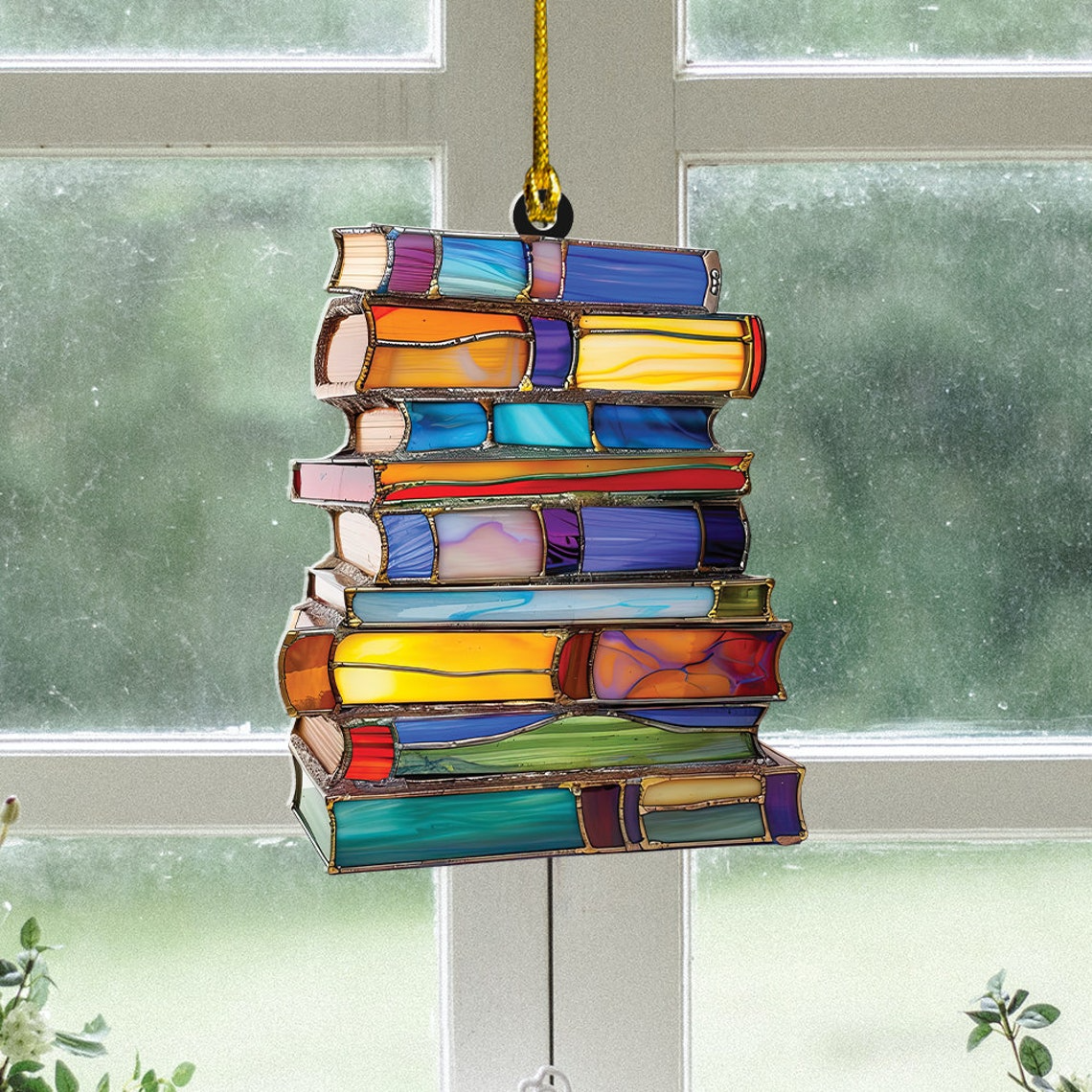 Bookstack Suncatcher Ornament, Bookstore Hanging Window Ornament Decor