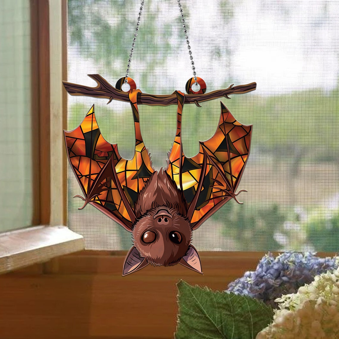 Halloween Upside Down Bat Hanging Suncatcher, Bat Hanging Ornament Suncatcher Decor