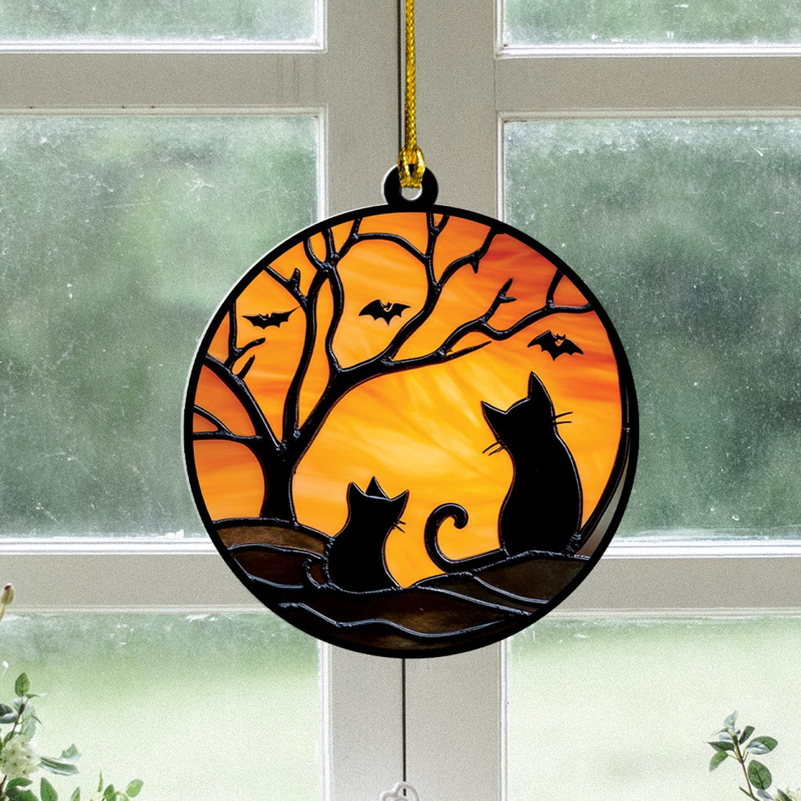 Two Cats on Halloween Suncatcher Ornament, Two Cats on Halloween Window Hanging Ornament Decor