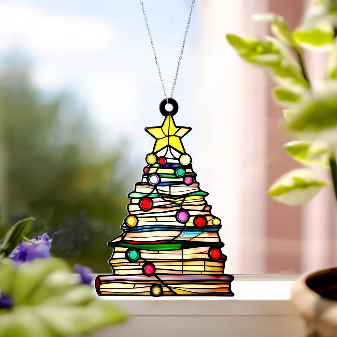 Books Tree Christmas Hanging Suncatcher,  Library Bookstore Ornament Decor Gift