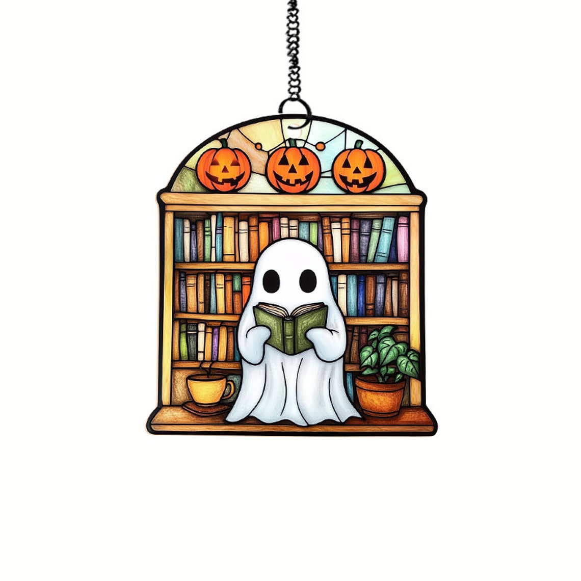 Ghost Reading Book And Pumpkin Suncatcher, Ghost And Books Ornament Decor