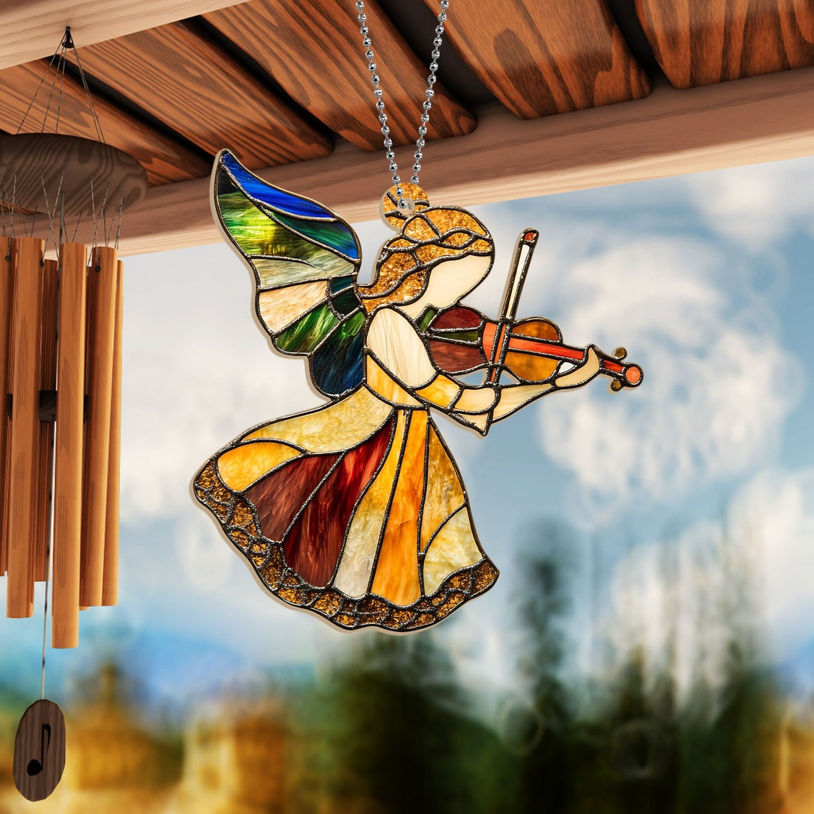 Pretty Angel with Violin Christmas Suncatcher, Angel with Violin Hanging Ornament Home Decor