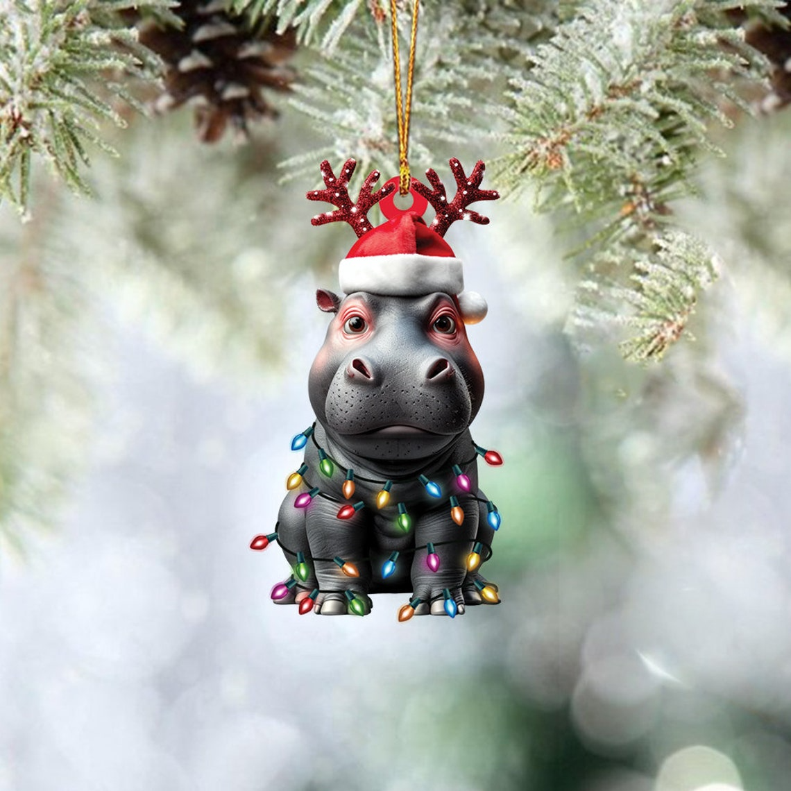 Cute Hippo Hanging Christmas Ornament, Hippo Flat Car Christmas Ornament Holiday Gift