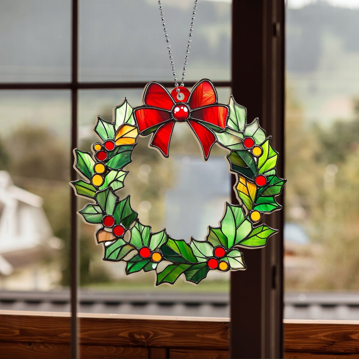 Christmas Wreath Suncatcher Ornament, Christmas Wreath Window Suncatcher Decor Gift