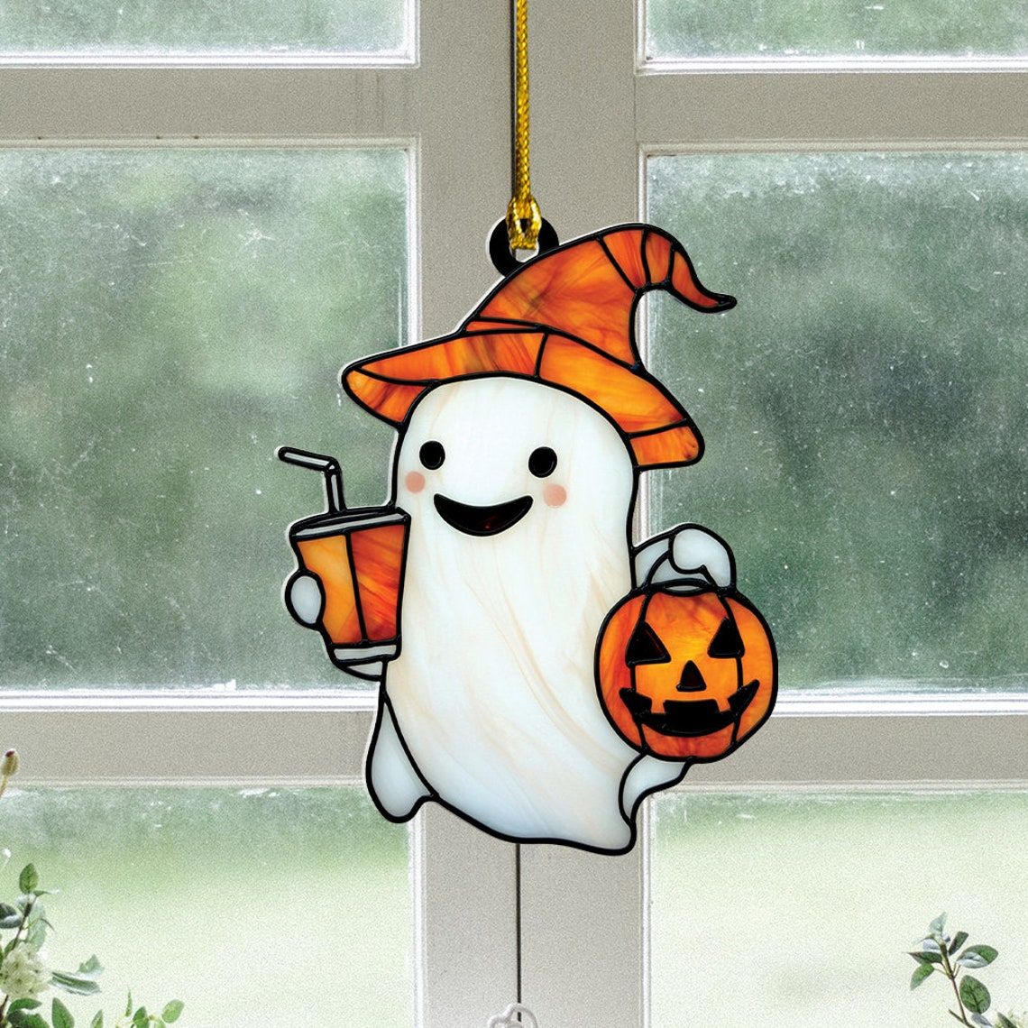 Cute Ghost with Drink Halloween Suncatcher, Cute Ghost Window Hanging Ornament