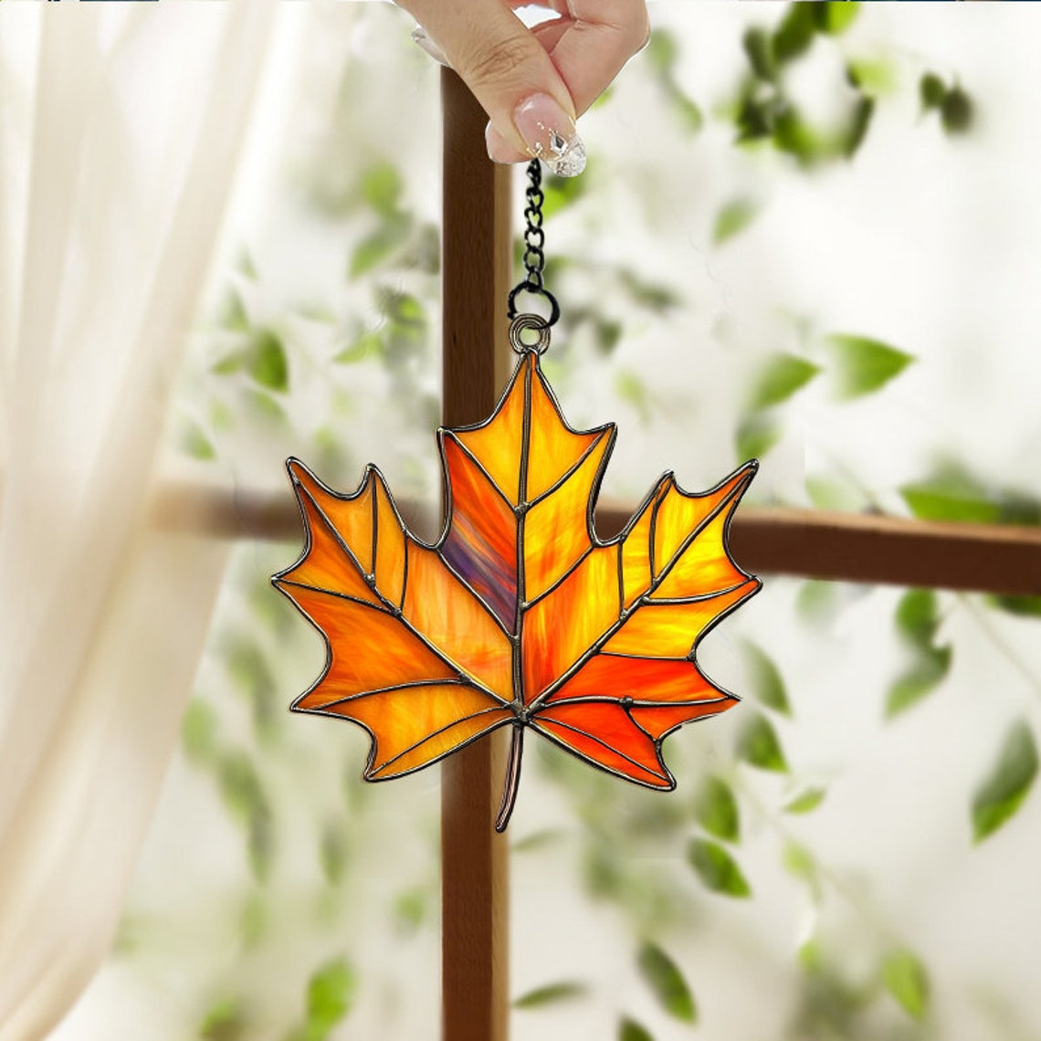 Maple Fall Leaf Suncatcher, Maple Autumn Leaf Hanging Ornament Decor