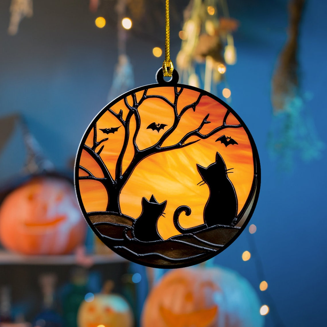 Two Cats on Halloween Suncatcher Ornament, Two Cats on Halloween Window Hanging Ornament Decor