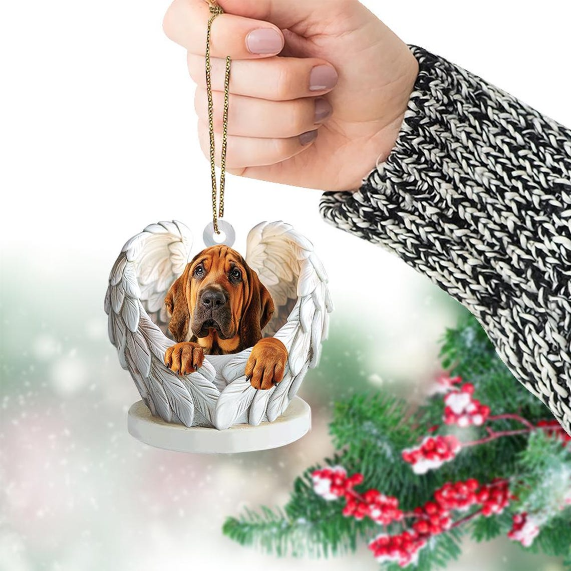 Christmas Bloodhound Dog Angel Wings Ornament Decor, Cute Bloodhound Dog Flat Christmas Ornament