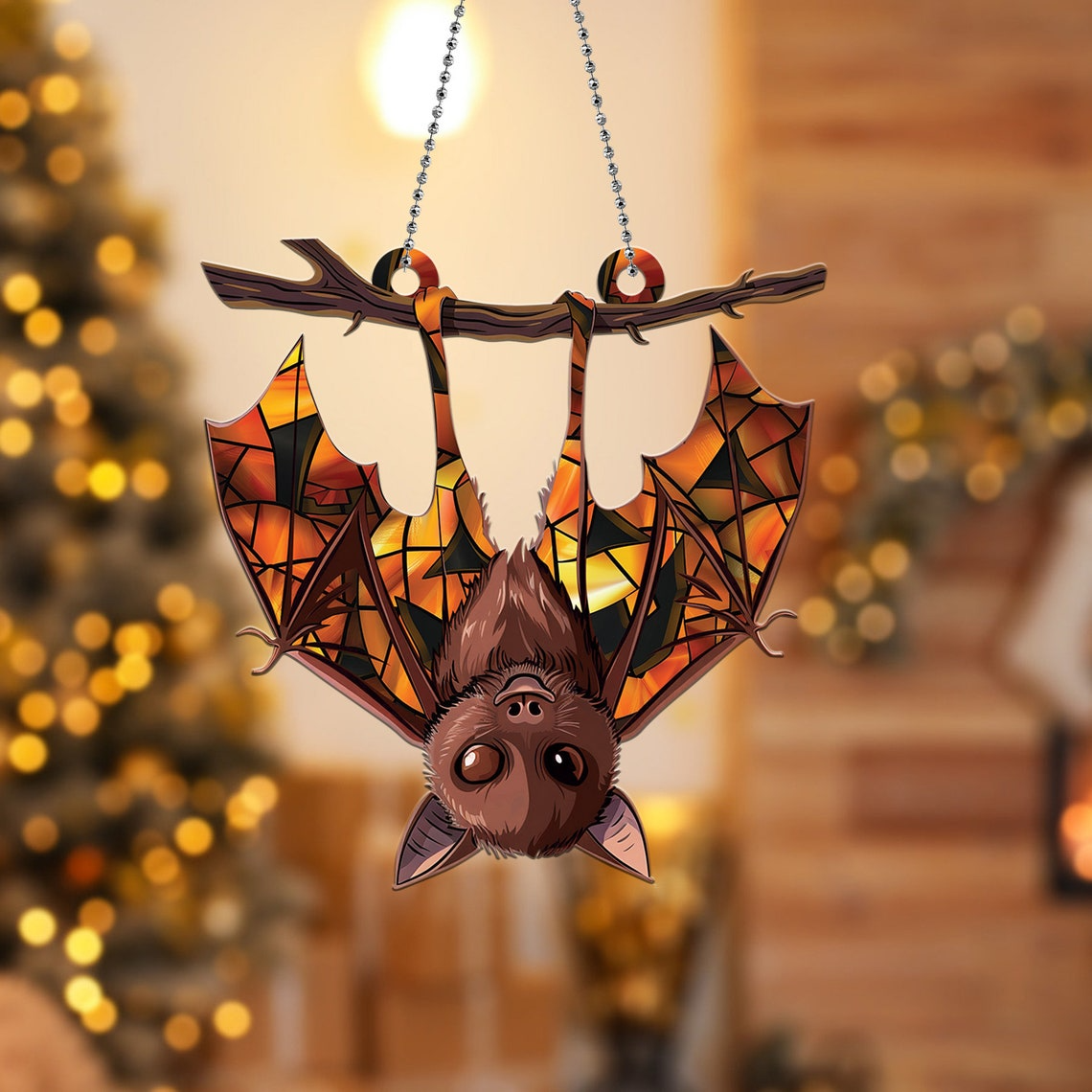 Halloween Upside Down Bat Hanging Suncatcher, Bat Hanging Ornament Suncatcher Decor