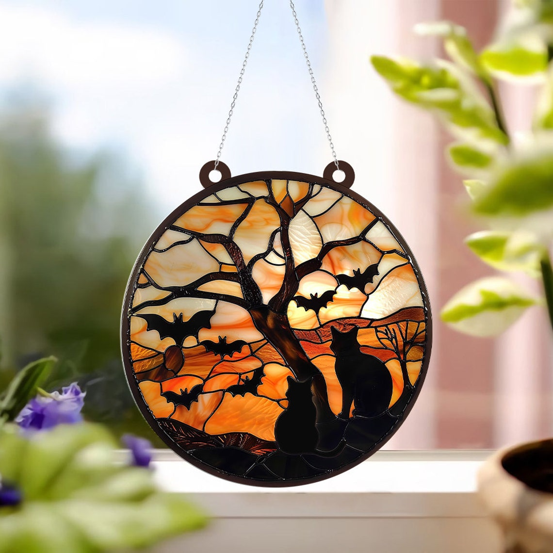 Cat Seeing Bat Halloween Night Suncatcher Ornament, Halloween Cat Pumpkin Ornament