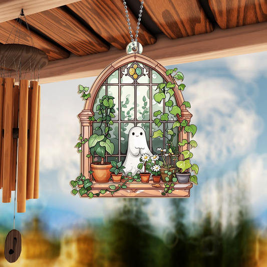 Ghost at Greenhouse Scene Suncatcher, Cute Ghost Window Hanging Decor