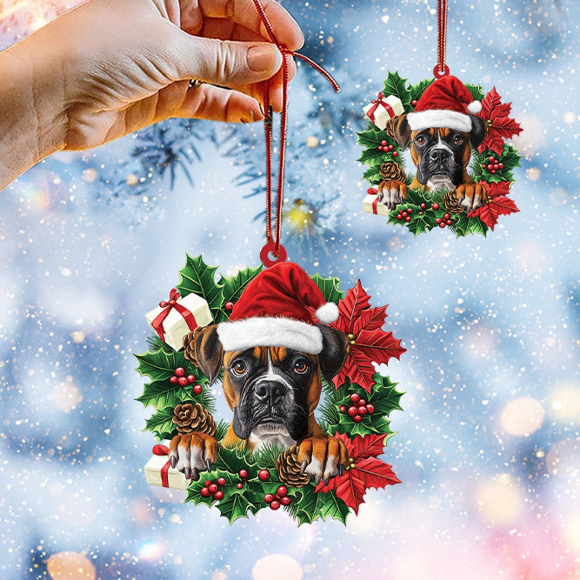 Boxer Dog Hanging Christmas Wreath Ornament, Boxer Dog Christmas Tree Ornament Decor Gift