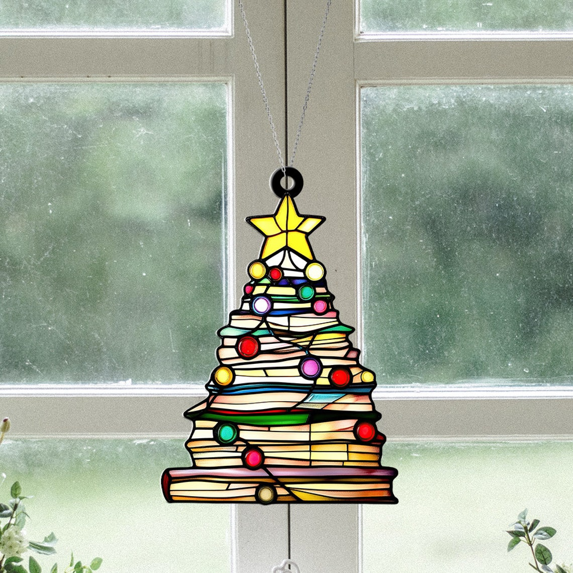 Books Tree Christmas Hanging Suncatcher,  Library Bookstore Ornament Decor Gift