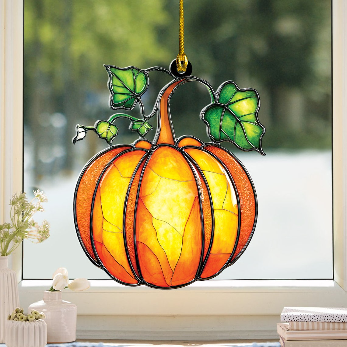 Pumpkin Leaf Green Suncatcher Ornament, Halloween Pumpkin Home Decor