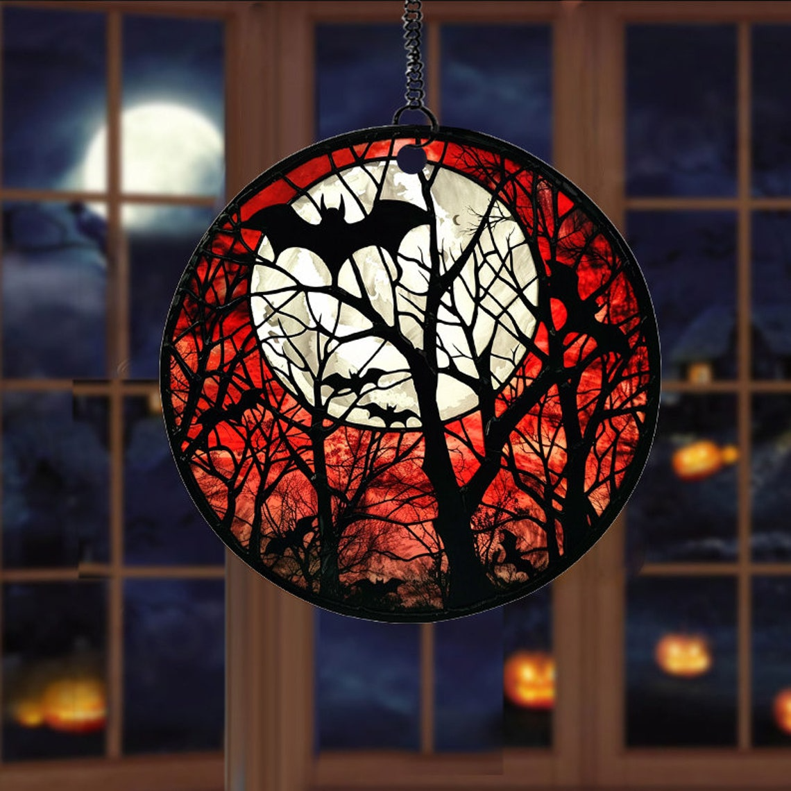 Red Sky With Bat And Moon Suncatcher, Halloween Window Hanging Ornament