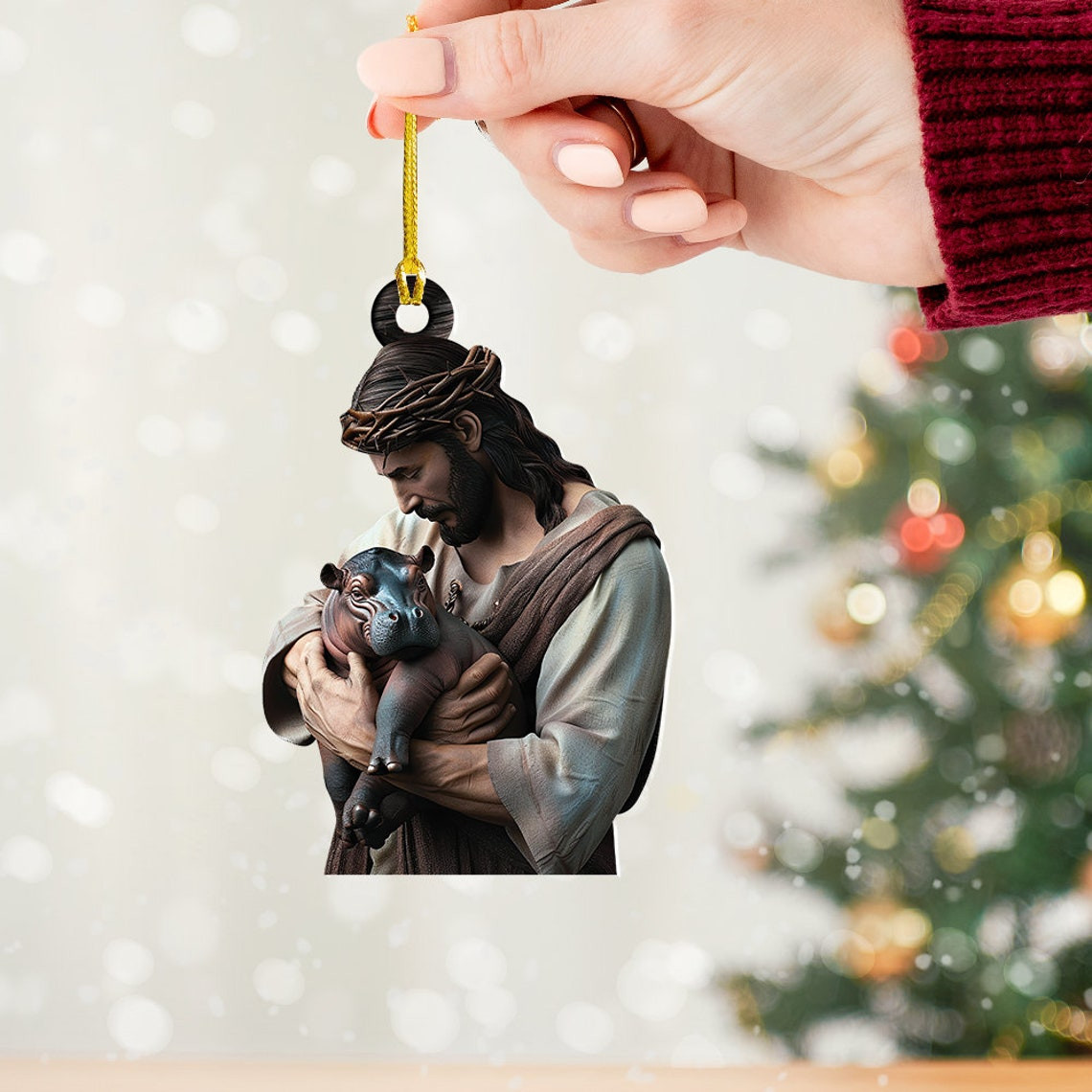 Jesus Loves Moo Deng Hanging Christmas Ornament, Cute Baby Hippo Moo Deng Car Christmas Ornament